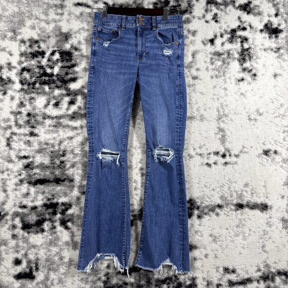 American Eagle Hi Rise Arist Flare Jeans Womens Size 4 Destroyed Hippie Stretch - Picture 1 of 15